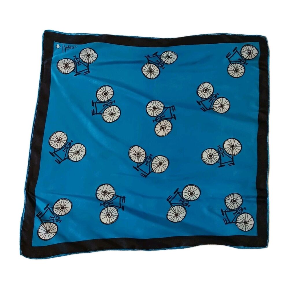 Vintage Vera Neumann Bicycle Scarf Blue Black White Ladybug Signed Square 21"